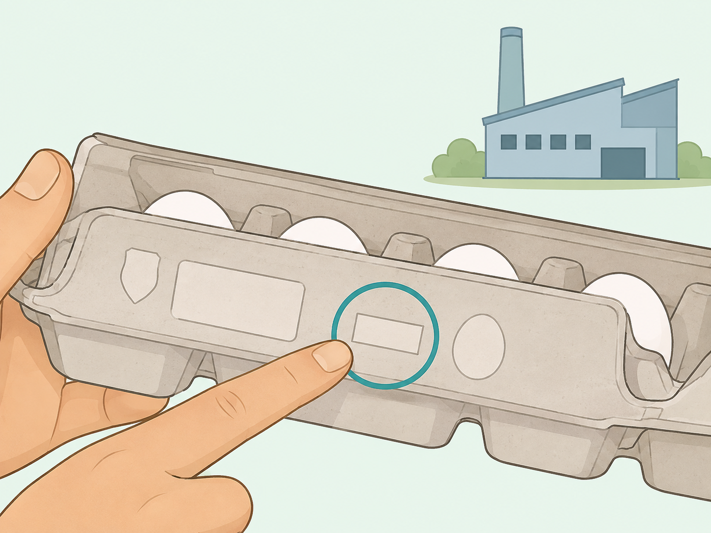 Egg carton plant code area highlighted beside a simple packing facility icon.