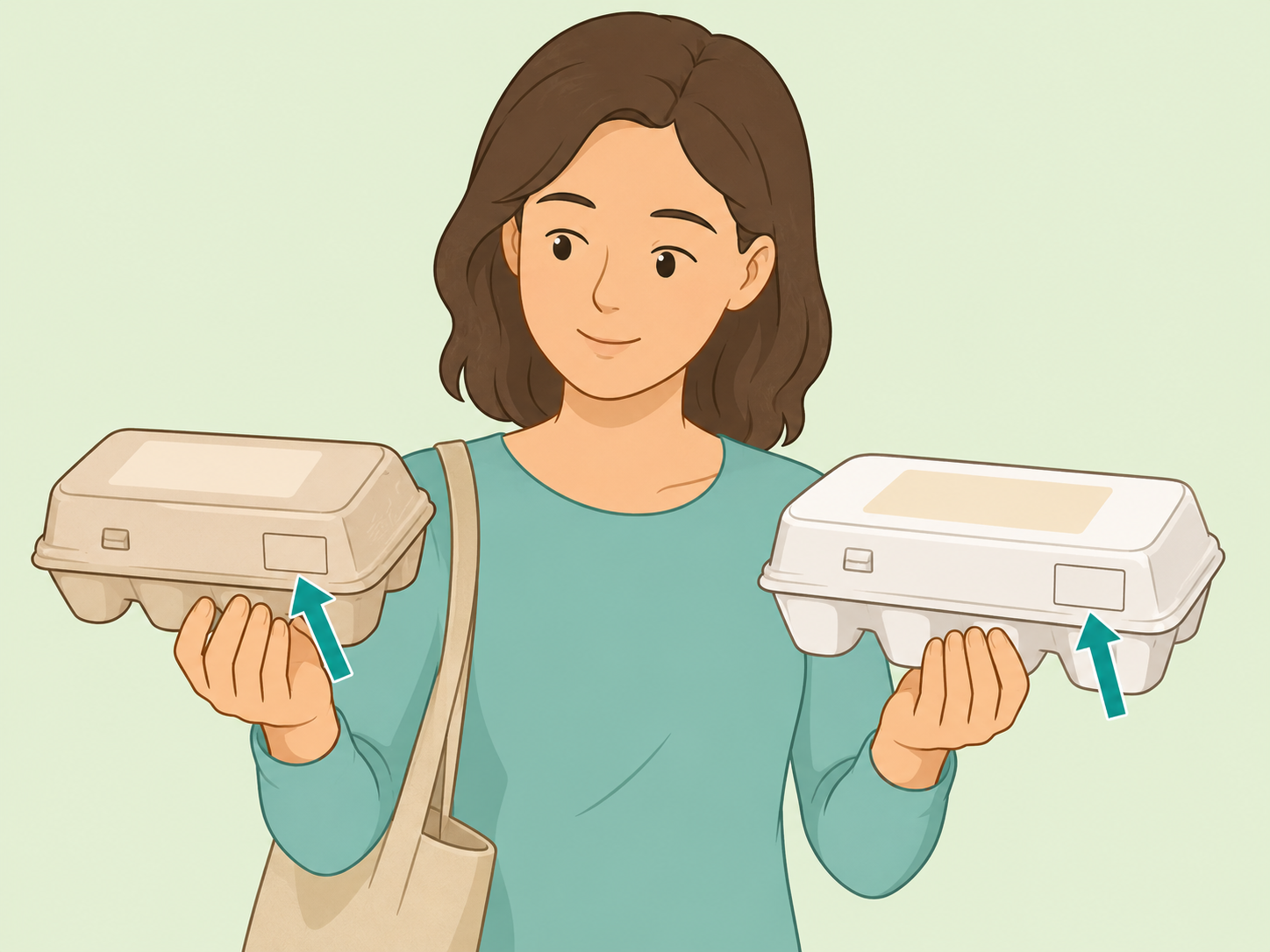 Shopper comparing date areas on two egg cartons.