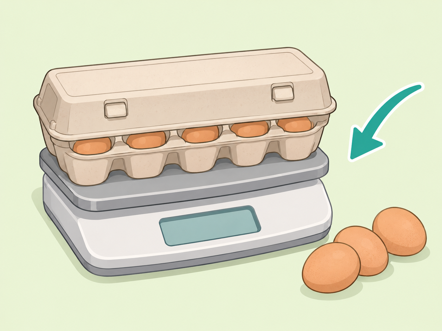 Egg carton on a kitchen scale to show egg size is based on weight.