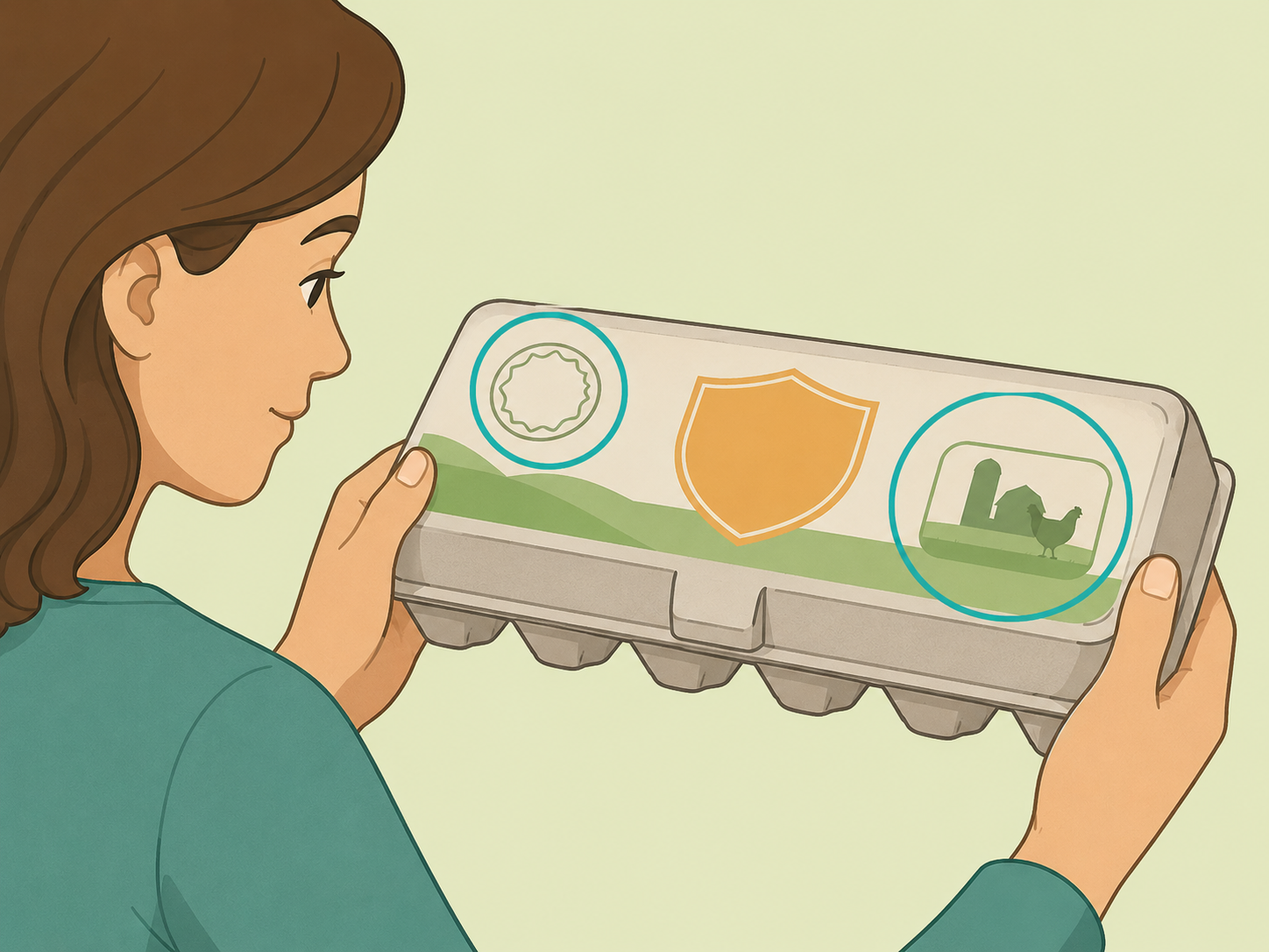 Shopper checking animal-care and organic claim areas on an egg carton.