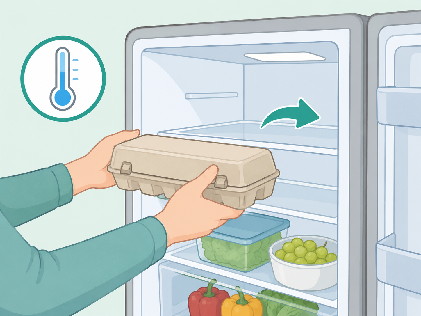 Egg carton being stored in a refrigerator after checking the safety label.