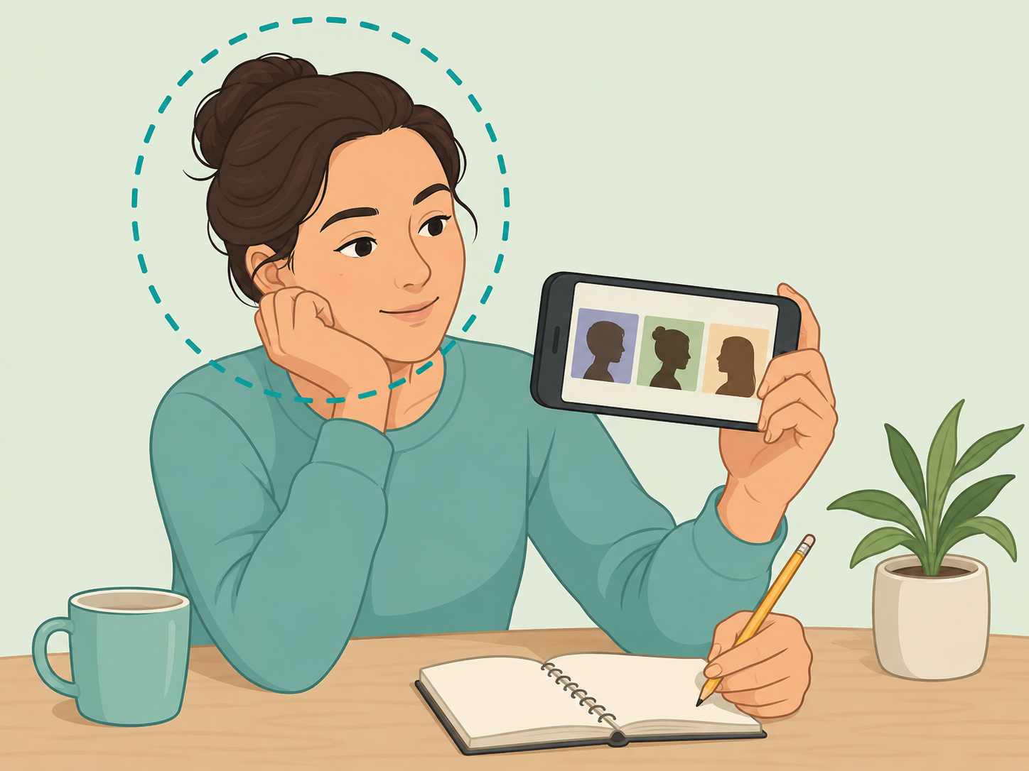 Person thoughtfully viewing a visual personality quiz on a phone with a journal nearby.