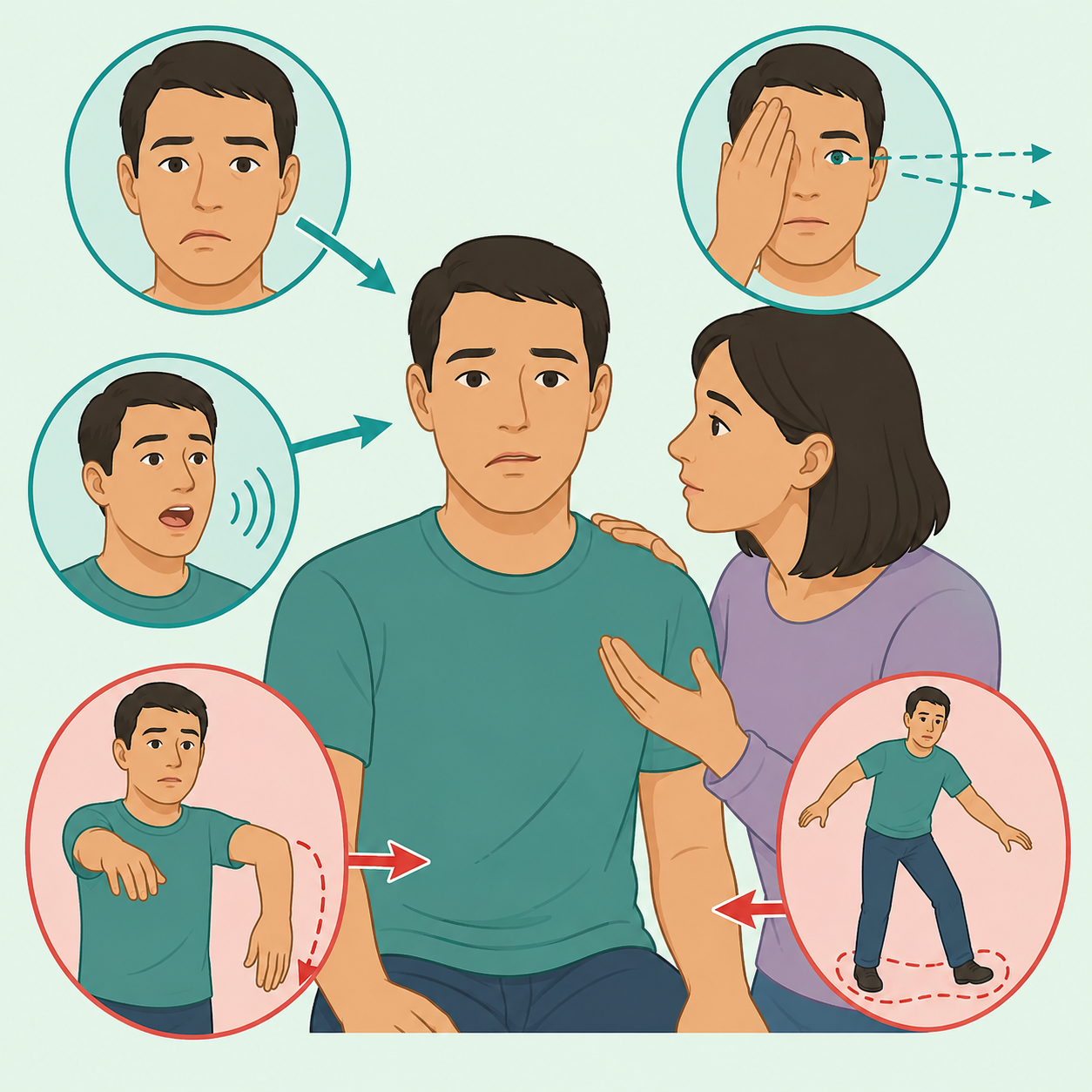Illustration of a person checking another person for stroke warning signs.