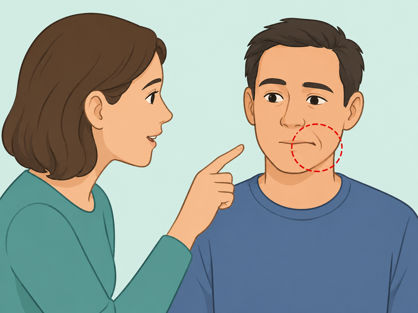Person checking for one-sided face drooping during a stroke check.