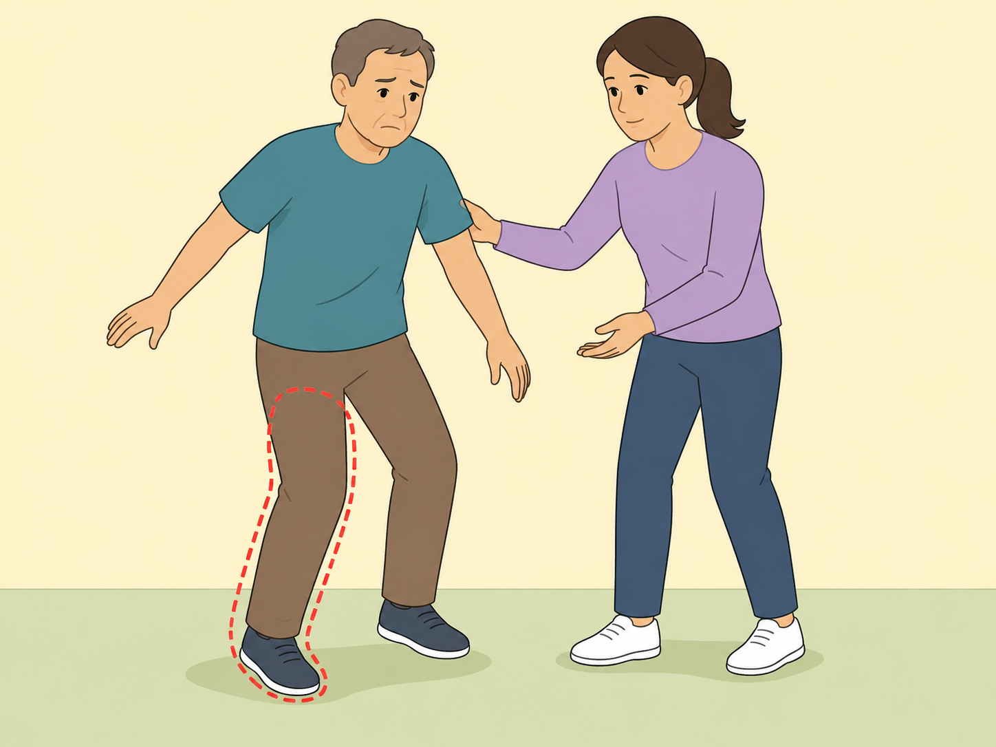 Person noticing sudden one-sided leg weakness.