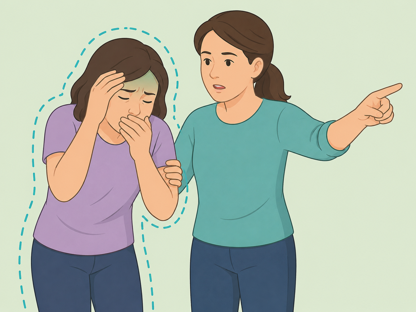 Person watching for sudden vomiting, fainting, or seizure-like symptoms.