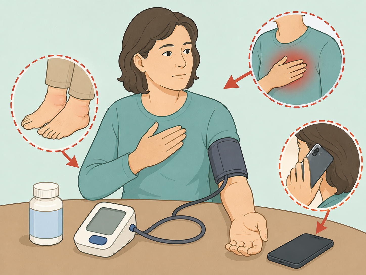 Illustration of a person monitoring possible amlodipine side effects and preparing to contact a doctor.