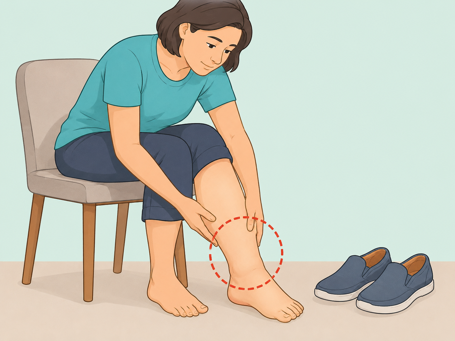 Person checking swollen ankles and feet as a possible amlodipine side effect.
