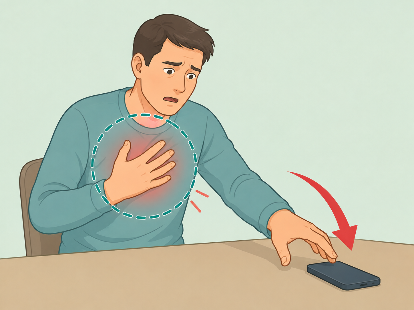 Person preparing to call a doctor about fast or irregular heartbeat.