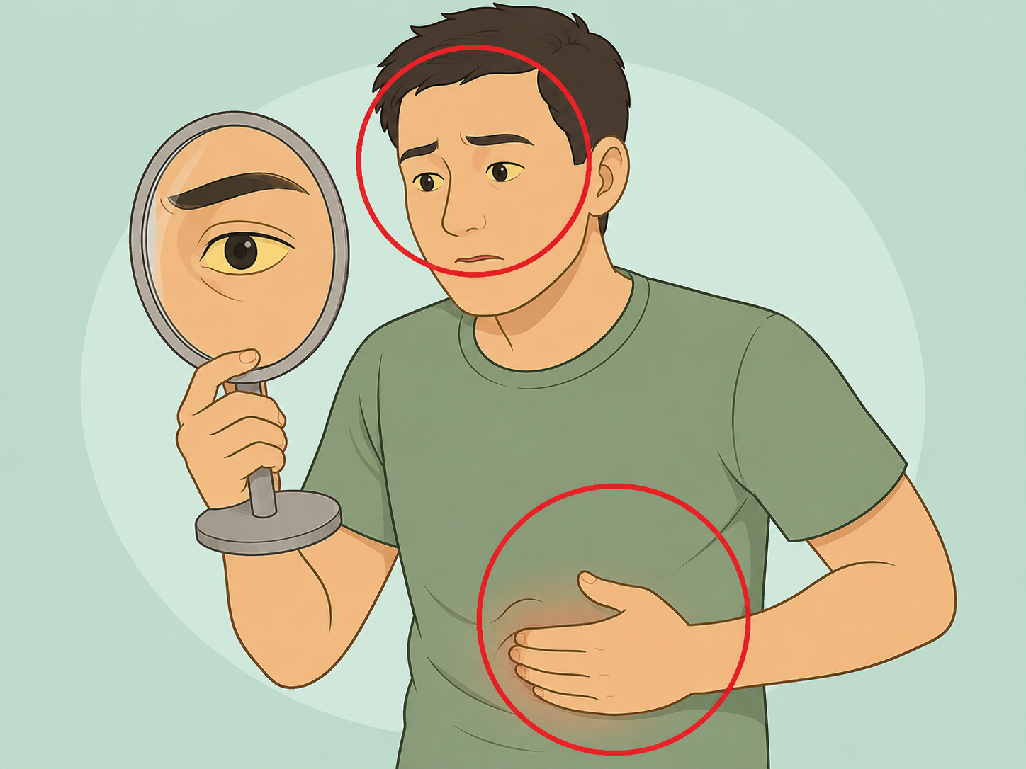 Person noticing severe belly pain and yellow eyes as warning signs.