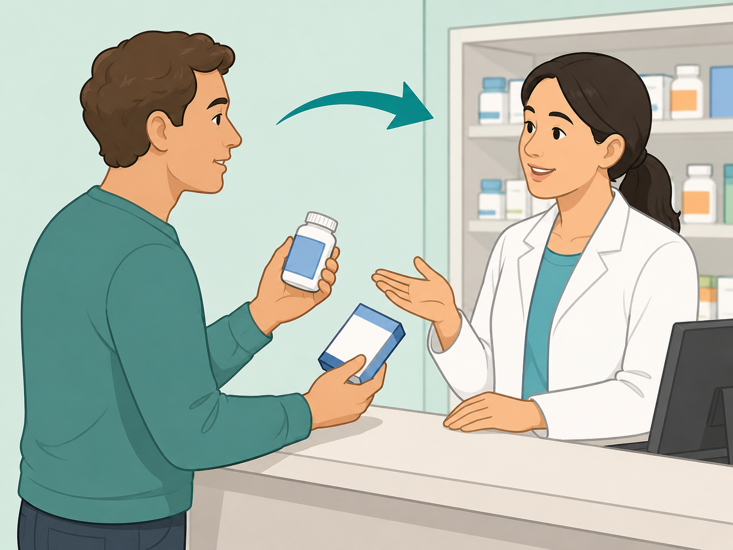 Person asking a pharmacist before changing medicines or adding over-the-counter products.