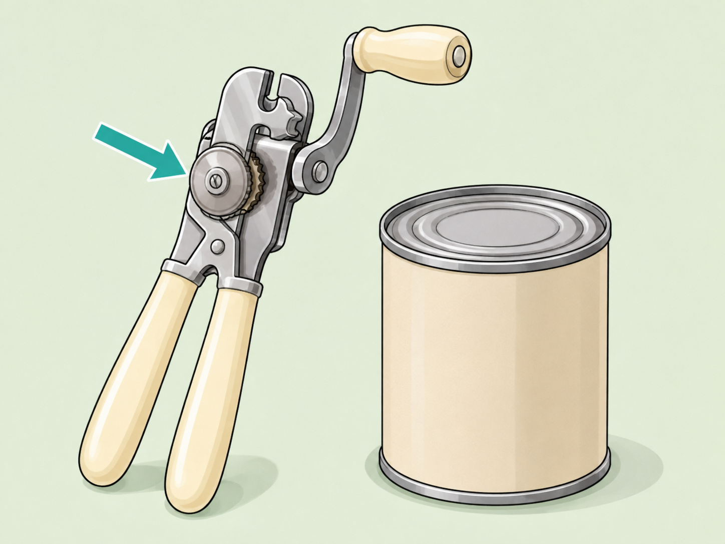 Illustration of a classic can opener with the cutting wheel and crank handle highlighted.
