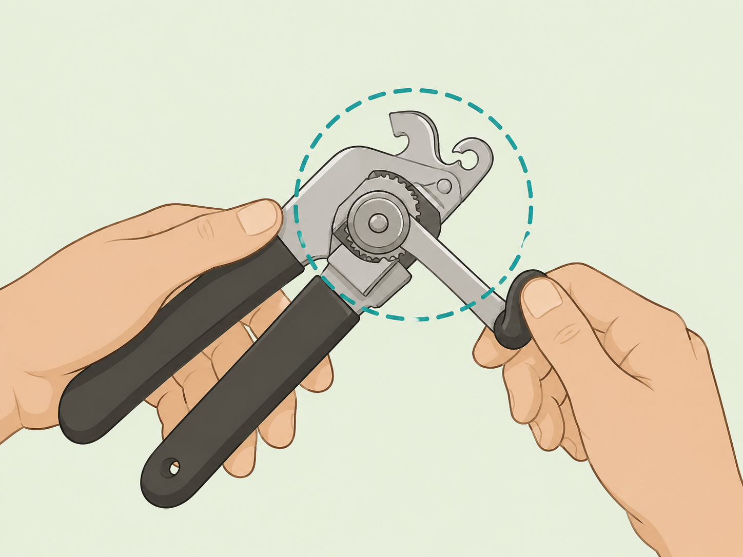 Hands identifying the cutting wheel and turning handle on a manual can opener.
