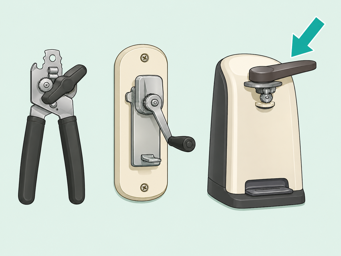 Manual, wall-mounted, and electric can openers shown for comparison.