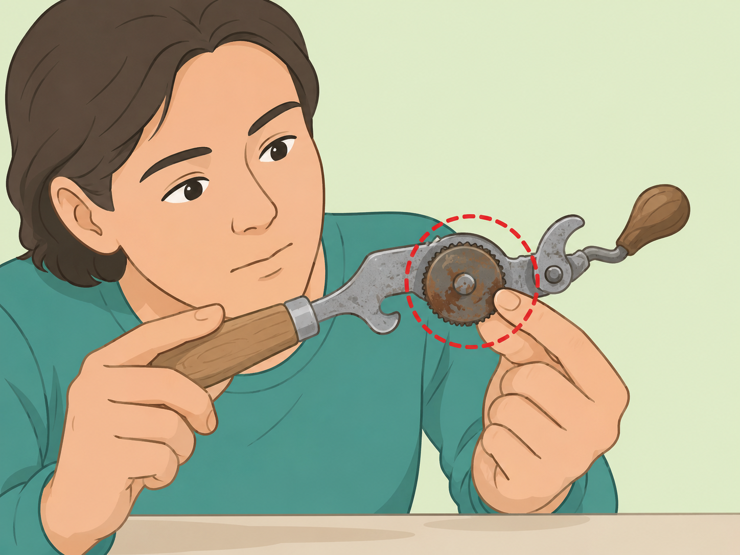 Person inspecting an old can opener for rust and loose parts.