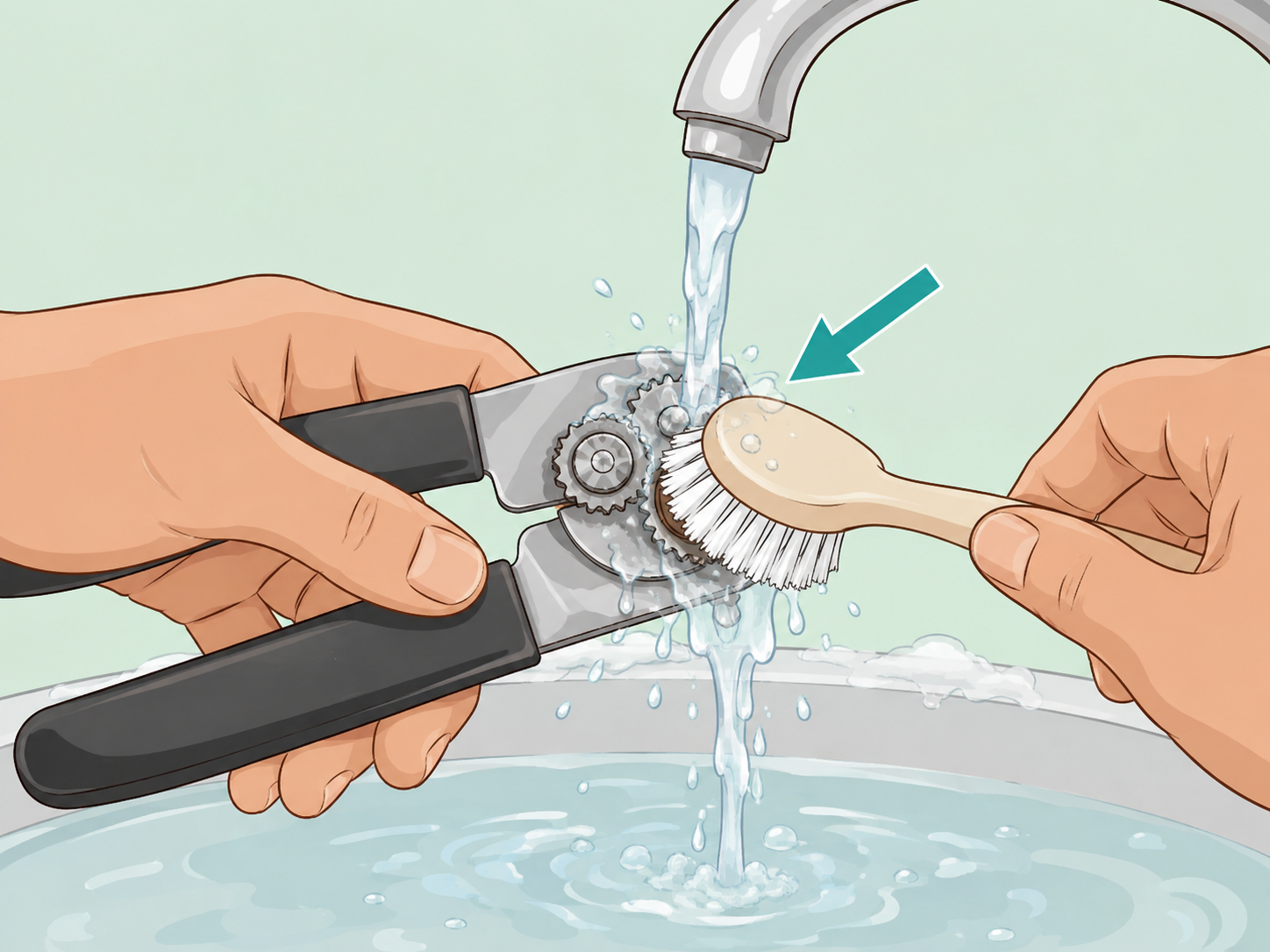 Hands cleaning a can opener cutting wheel with a dish brush.