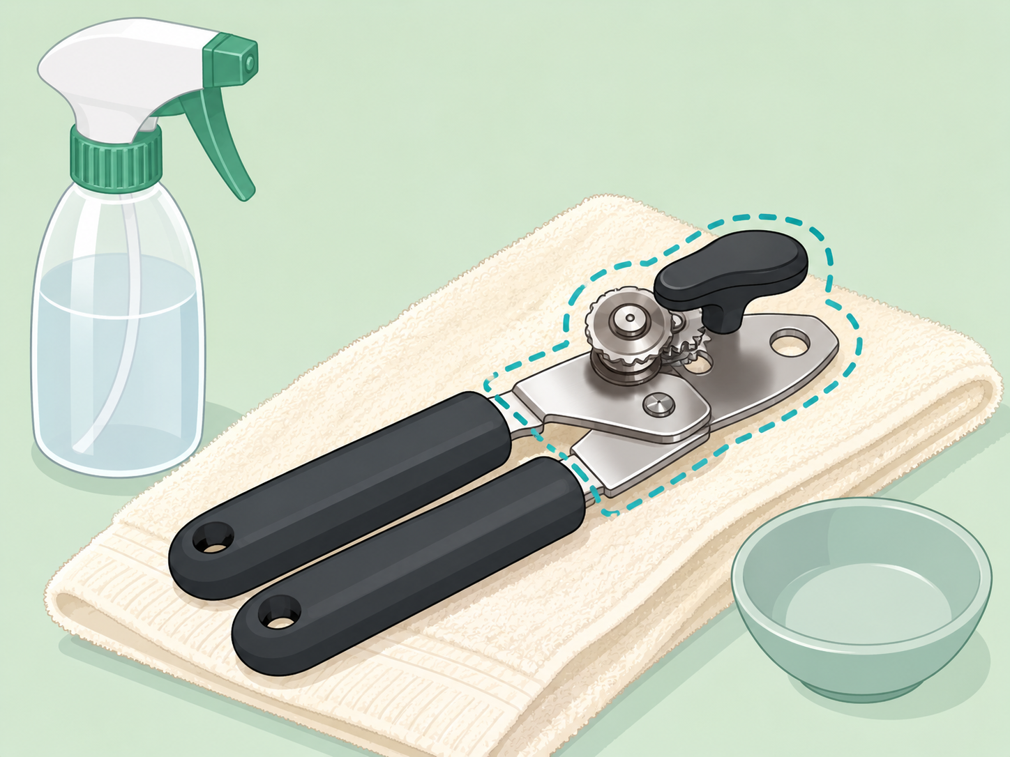 A cleaned can opener ready to be sanitized and air-dried.