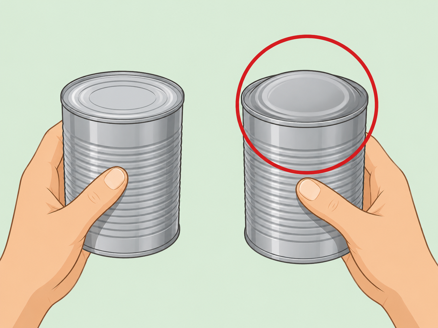 Hands checking canned food for bulging or damage before opening.