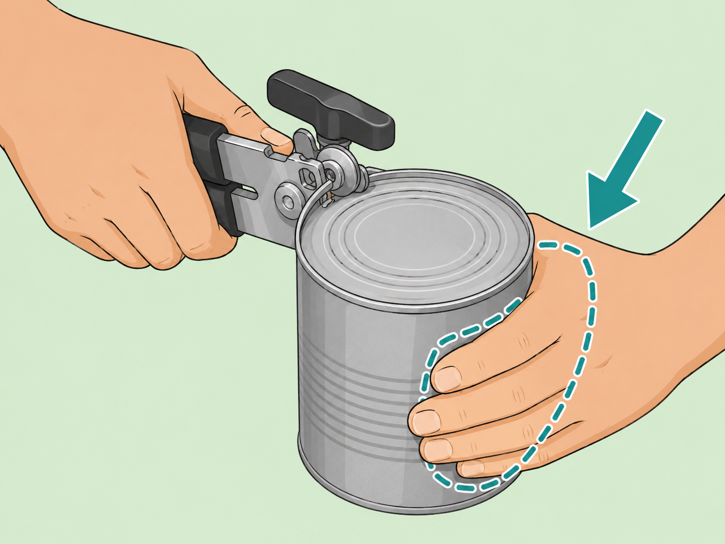Hands opening a can slowly while keeping fingers away from the sharp lid.