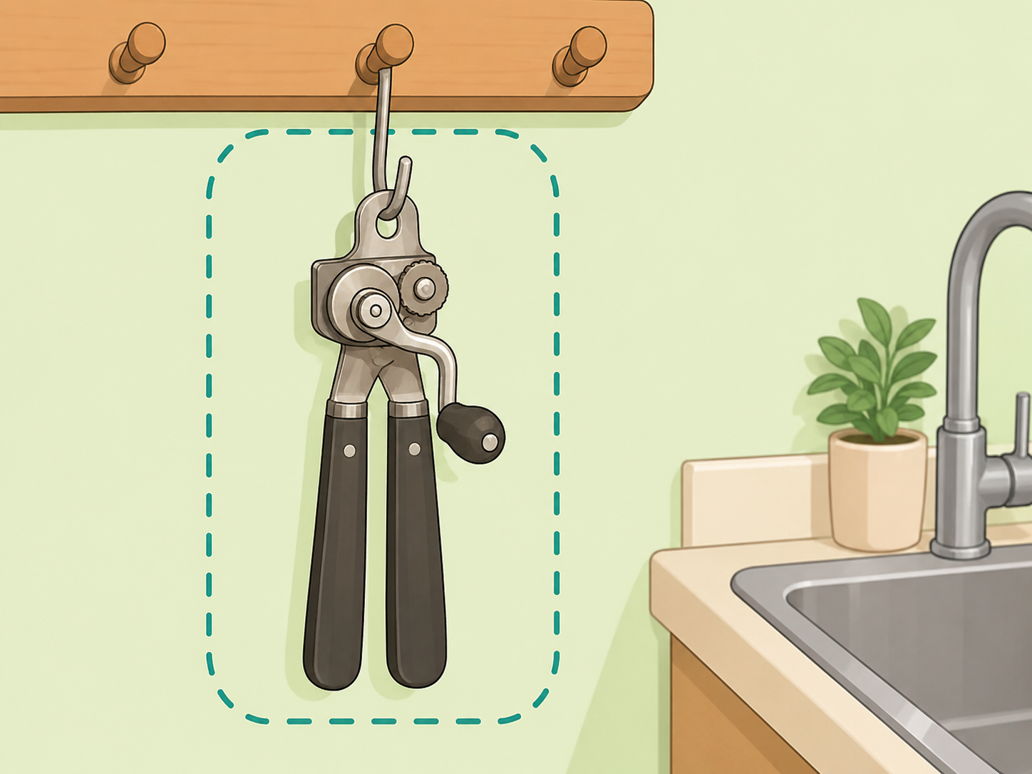 A clean vintage can opener stored dry on a kitchen hook.