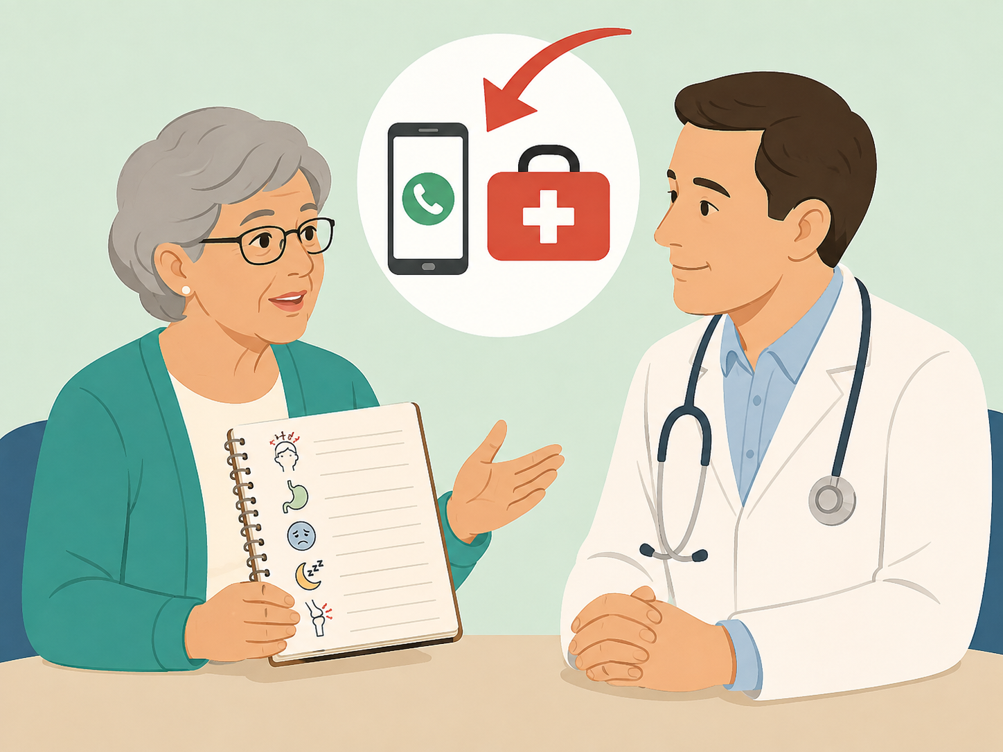 Older adult talking with a doctor about sudden or worrying symptoms.