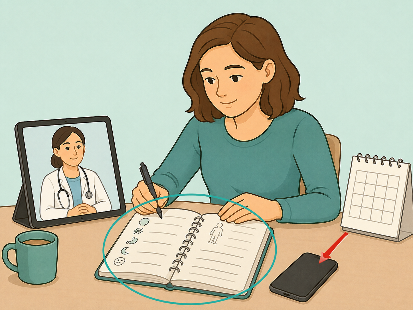 Illustration of a person tracking symptoms and preparing to contact a doctor.