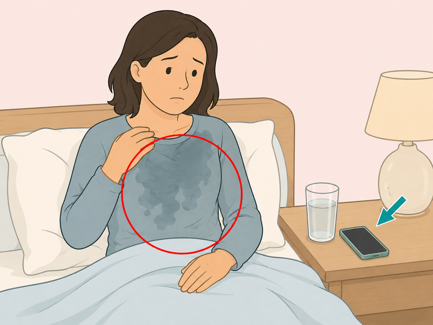 Person noticing repeated night sweats and a phone nearby.