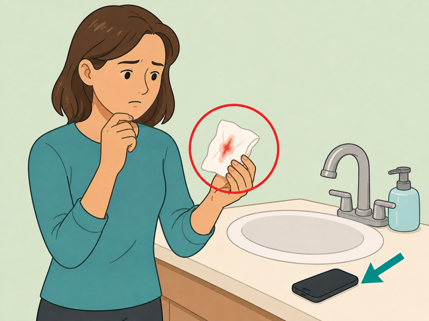Person noticing unusual bleeding and preparing to call a doctor.