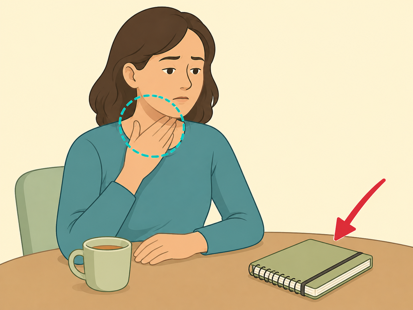 Person paying attention to lingering throat or swallowing symptoms.