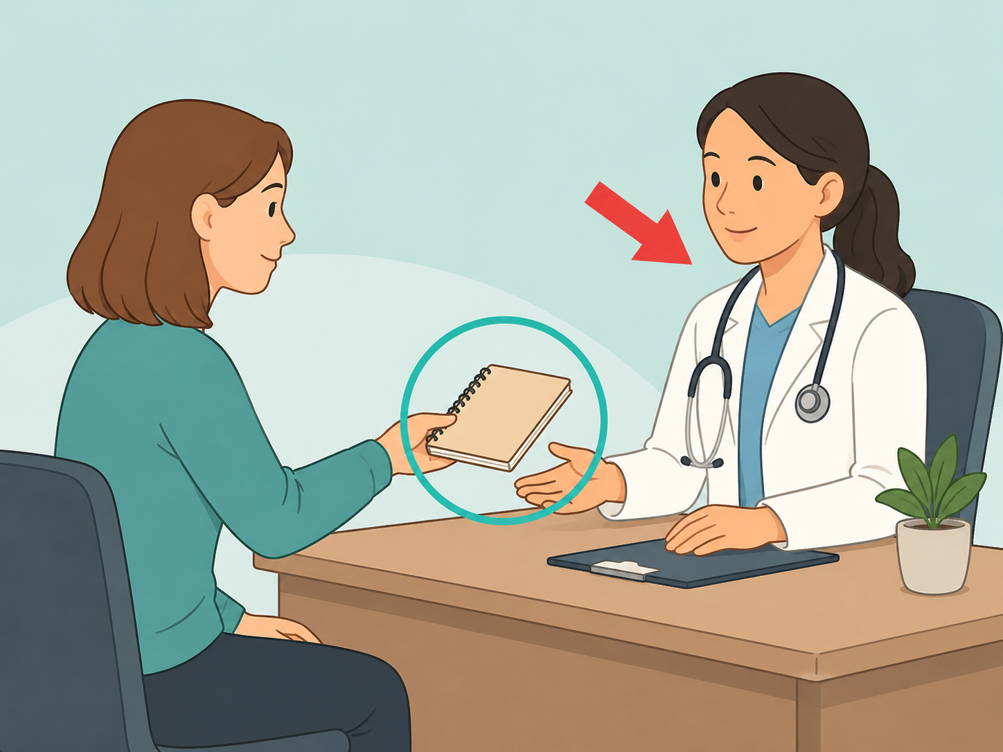 Patient bringing a symptom log to a medical appointment.