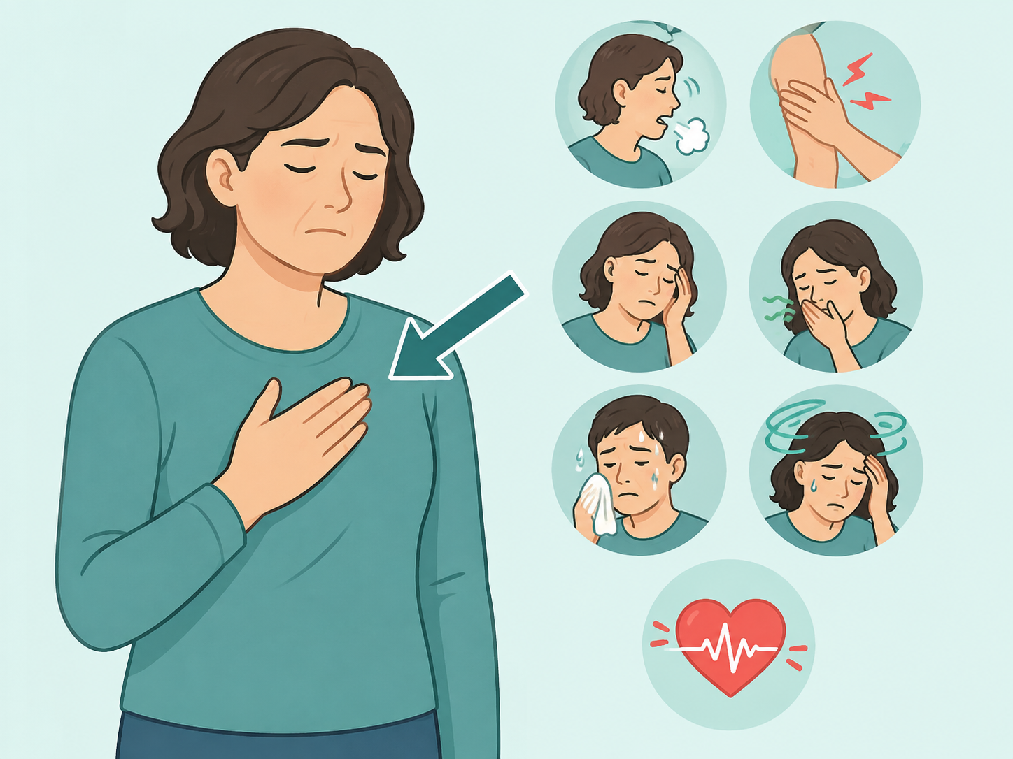 Illustration of a person noticing possible heart attack warning signs.