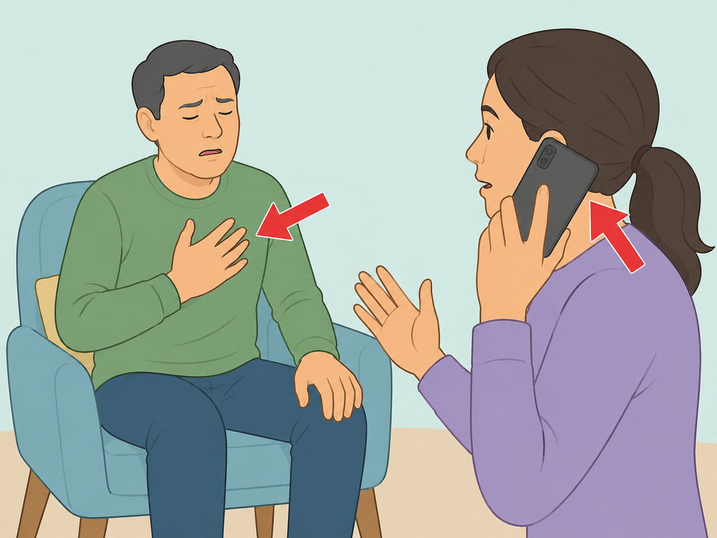 Someone calling emergency services for possible heart attack symptoms.