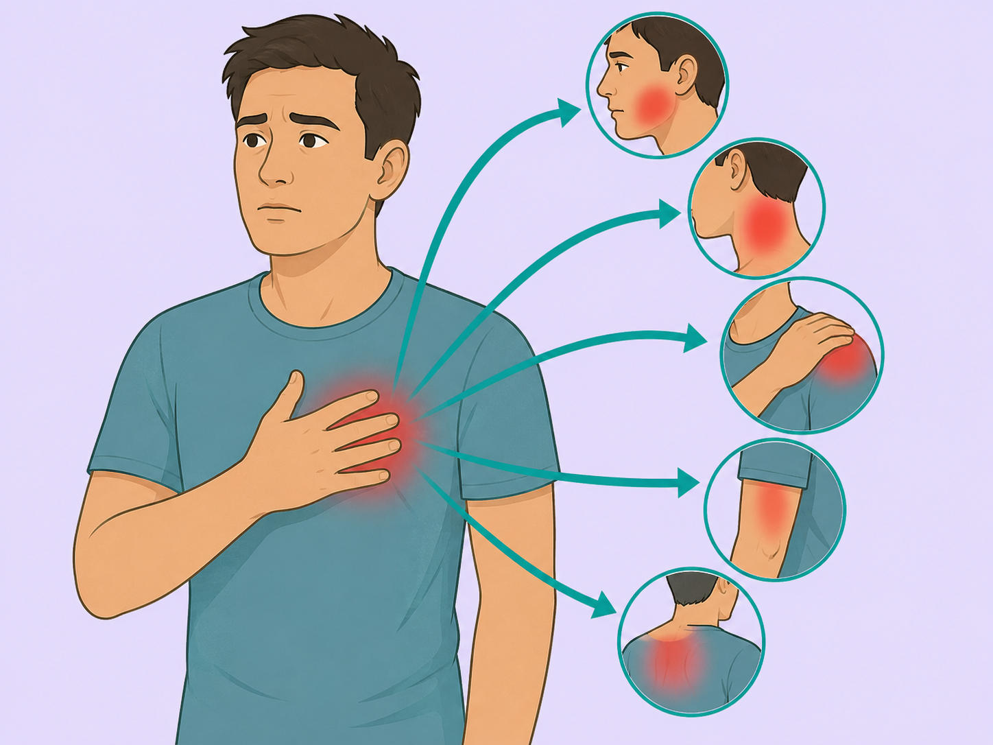Pain spreading from the chest to the jaw, neck, shoulder, arm, or back.