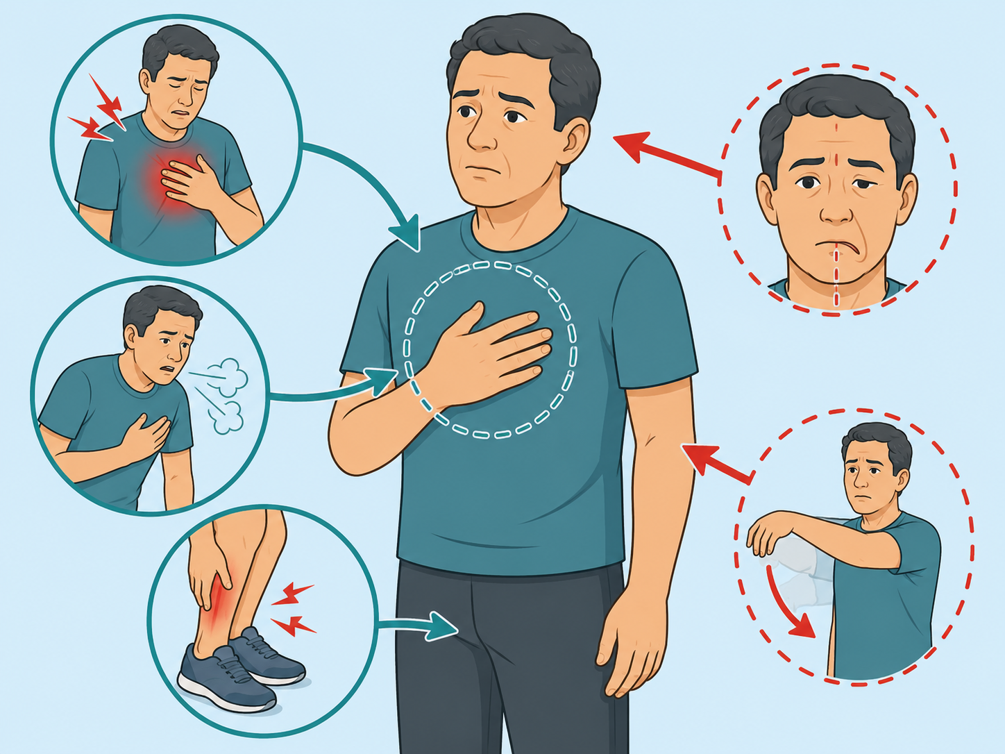 Illustration of a person noticing possible blocked artery warning signs in the chest, breathing, leg, face, and arm.