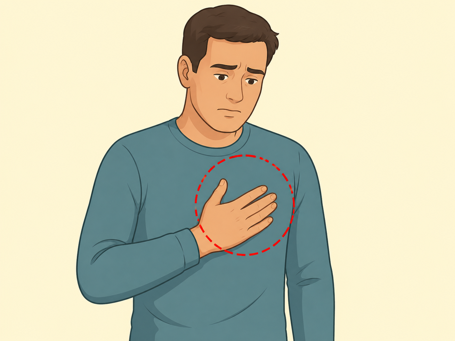 Person noticing chest pressure with the chest area highlighted.