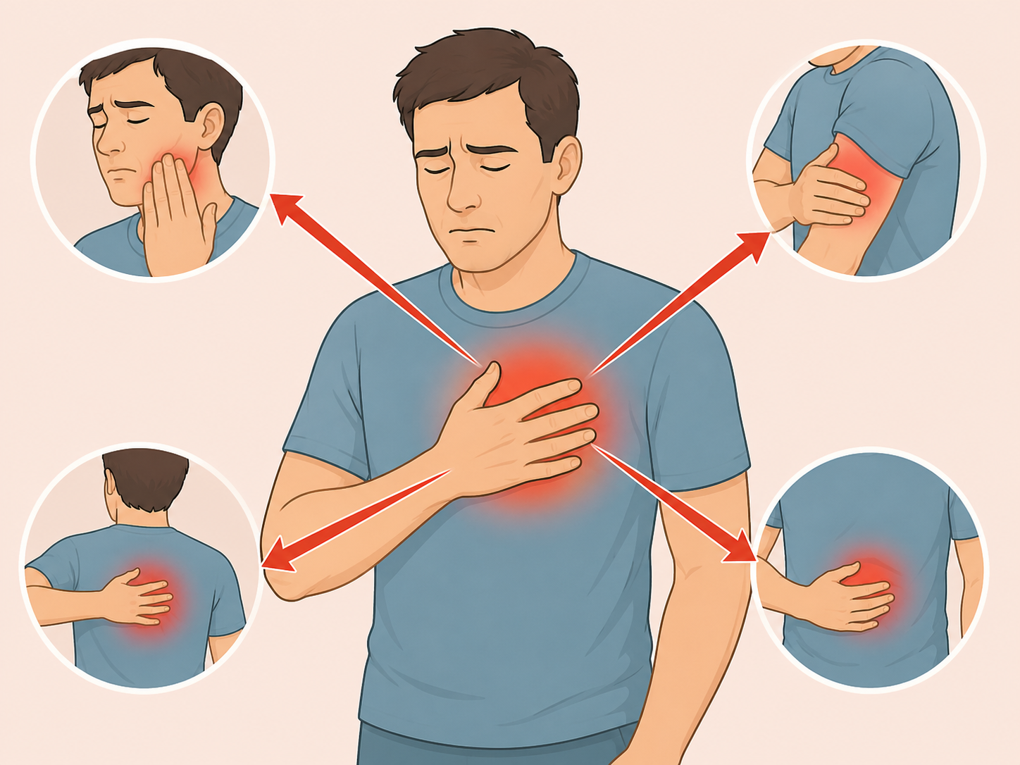 Pain spreading from the chest toward the arm, jaw, back, and upper belly.