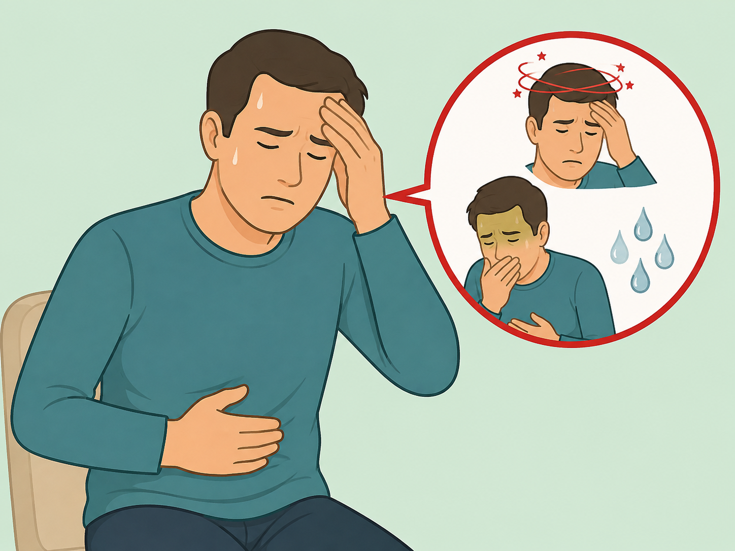 Person noticing cold sweat, nausea, dizziness, and faintness as warning signs.