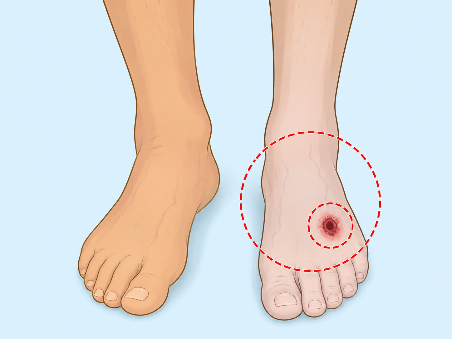Cool pale foot and slow-healing sore highlighted as possible circulation warning signs.