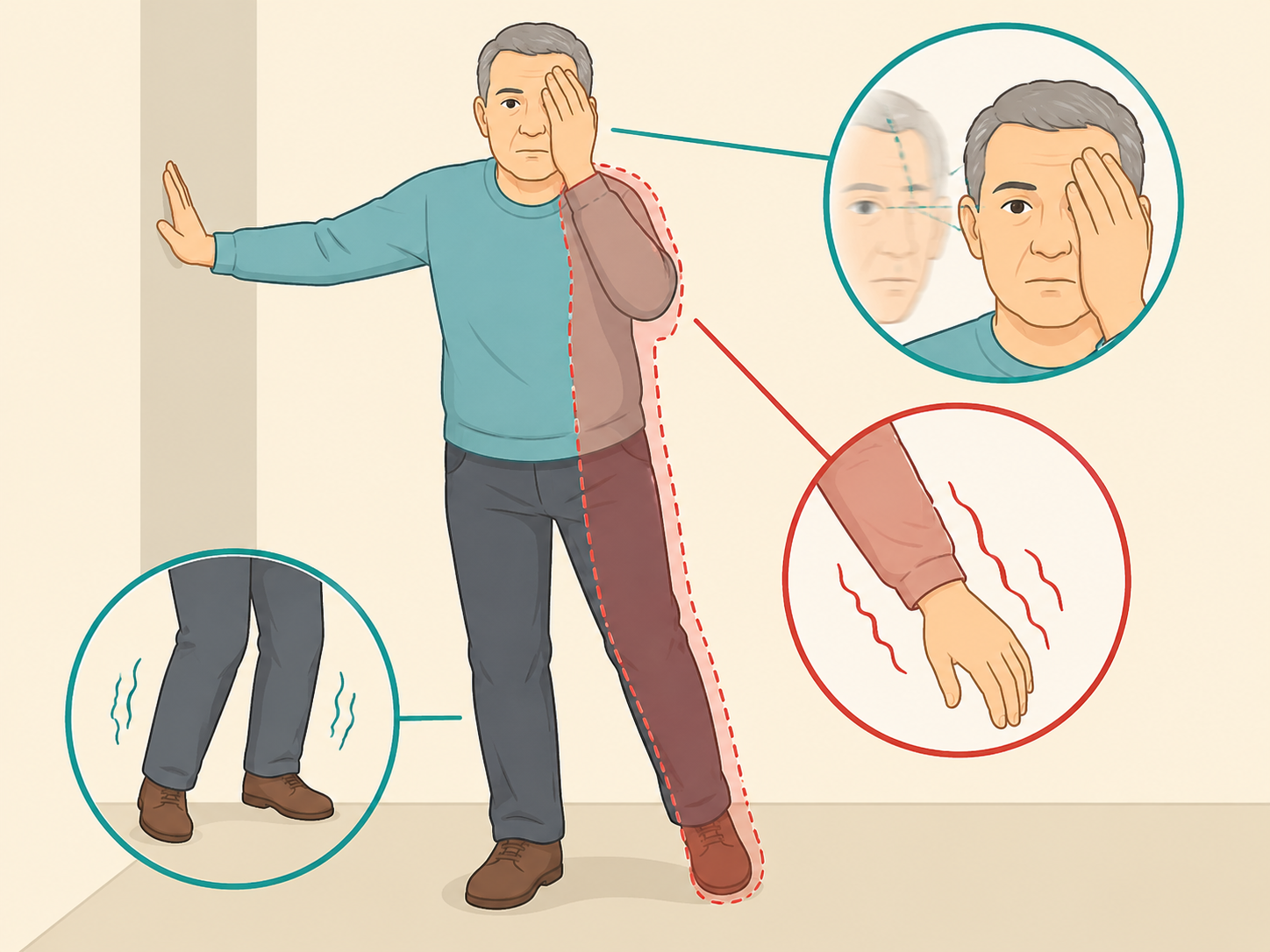 Person noticing sudden vision changes, balance trouble, and one-sided numbness.