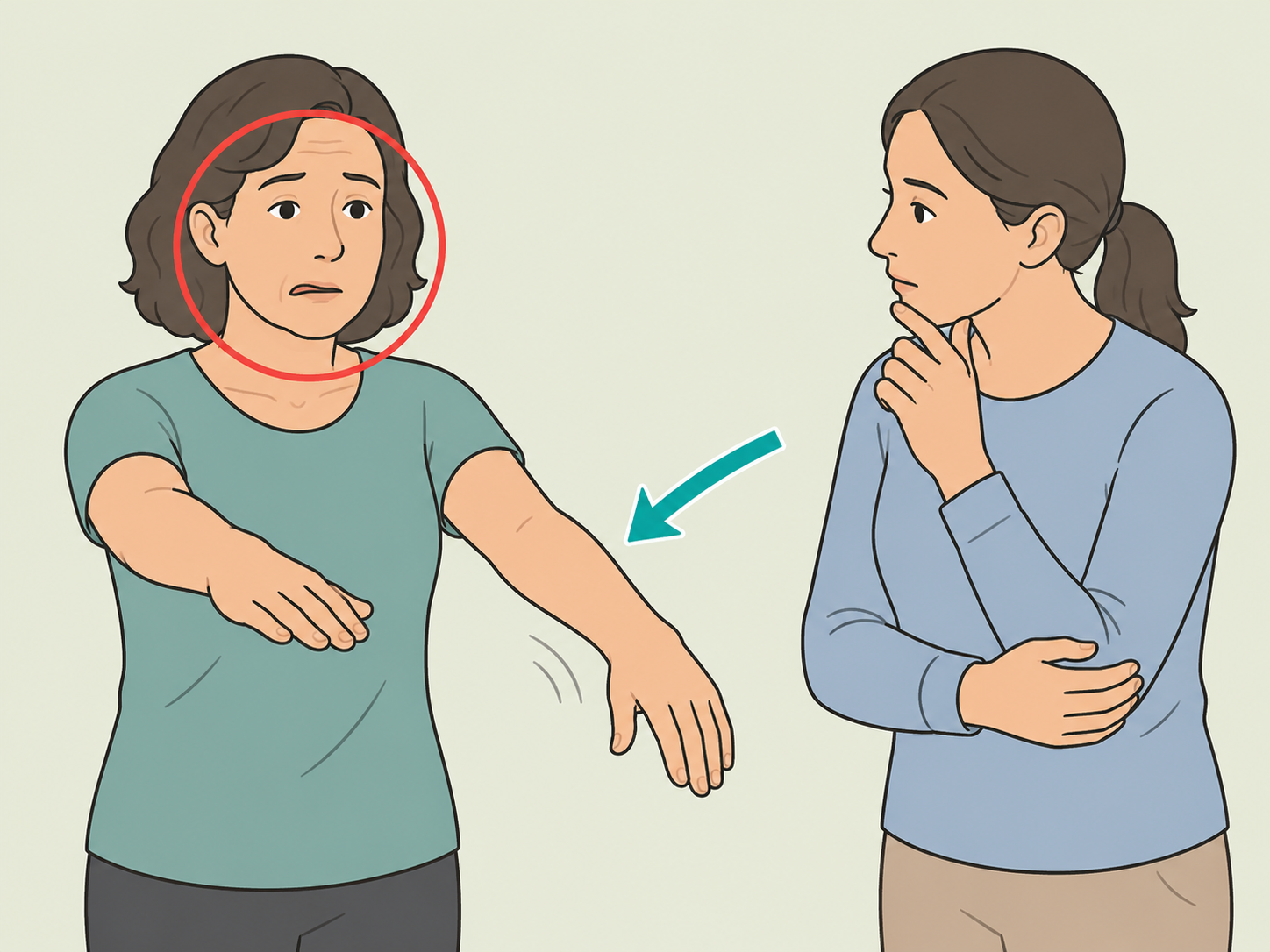 Illustration of a person checking for stroke warning signs by watching arm movement and facial symmetry.