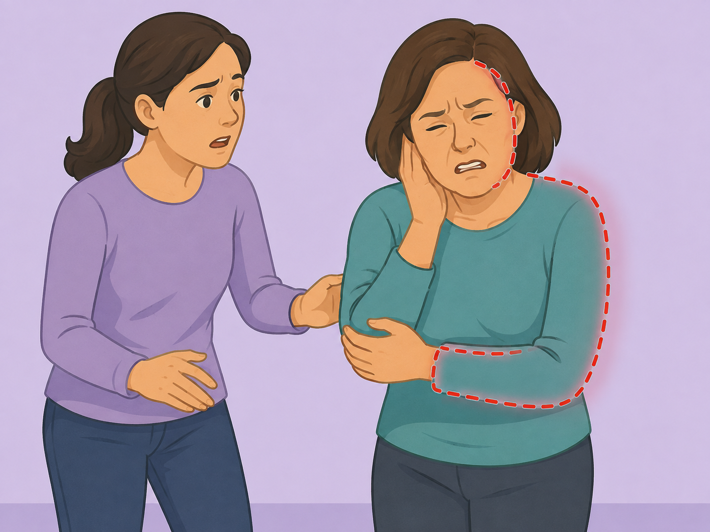 Person showing sudden one-sided weakness while another person notices.