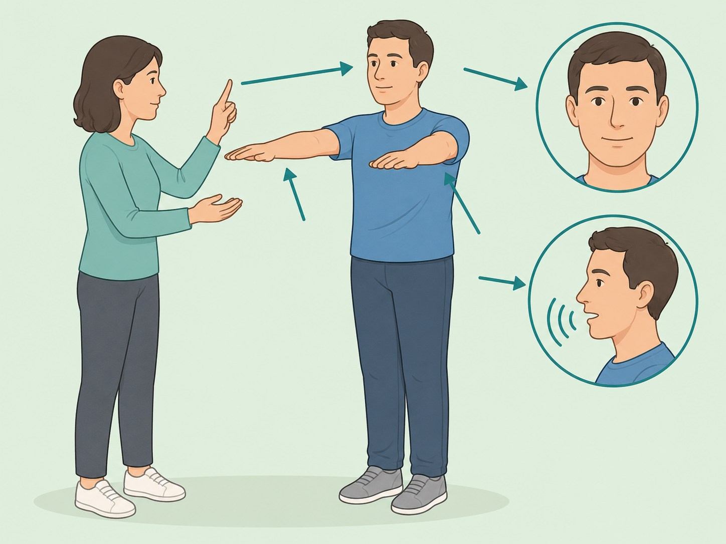 Helper checking common stroke signs with face and arm movements.