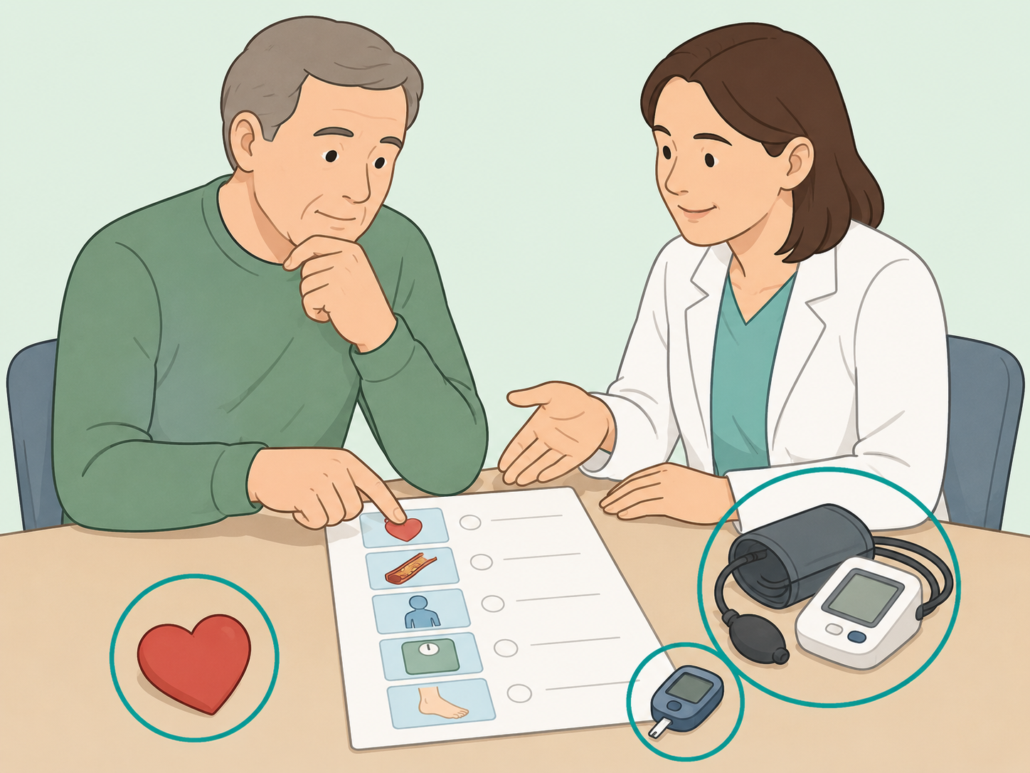 Patient and clinician reviewing stroke risk factors with health monitoring tools.