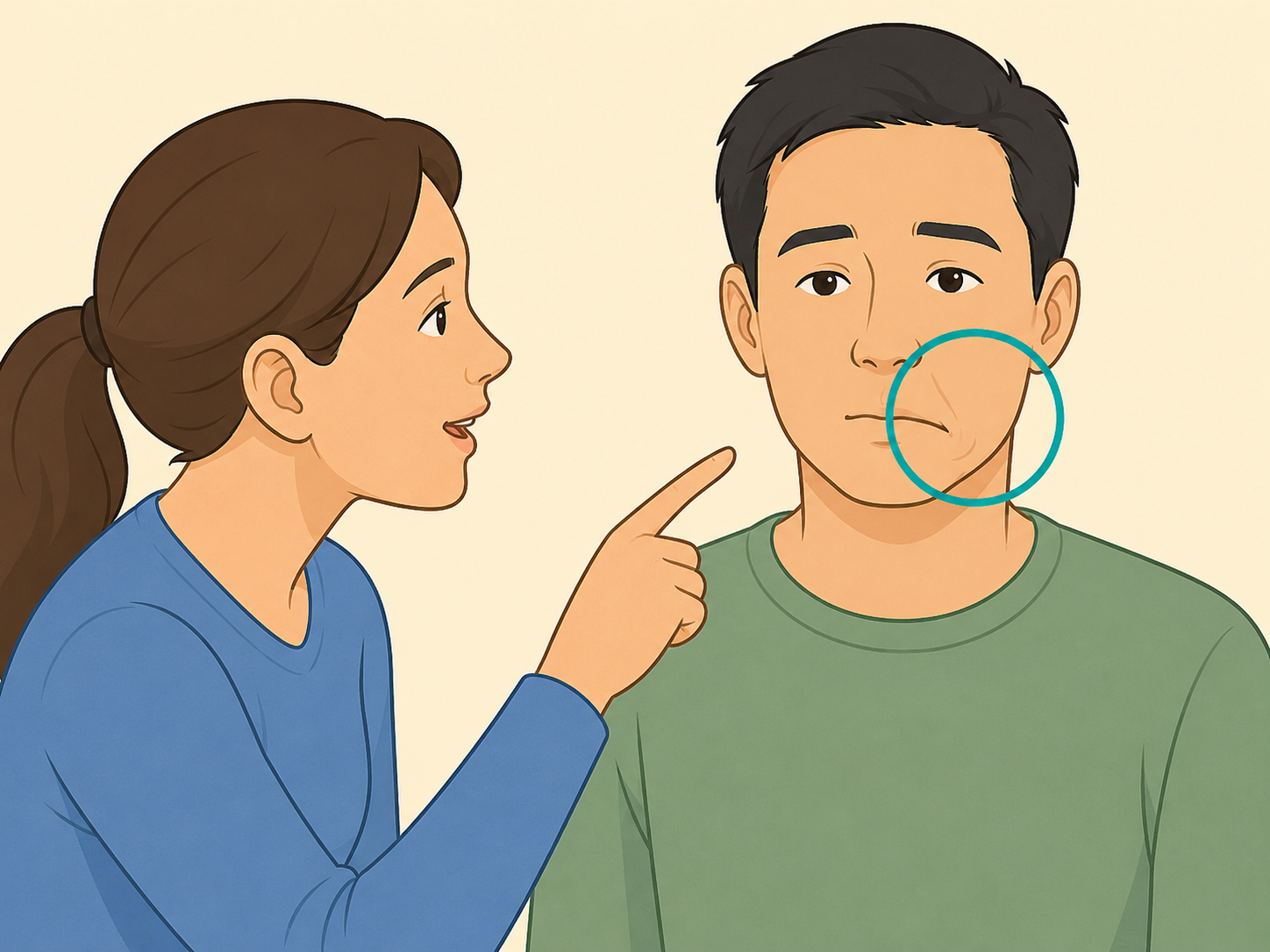 Person checking another person's face for drooping.