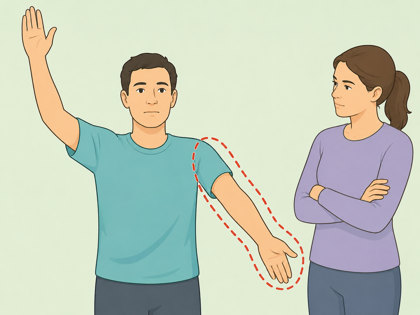 Person testing both arms for weakness or numbness.