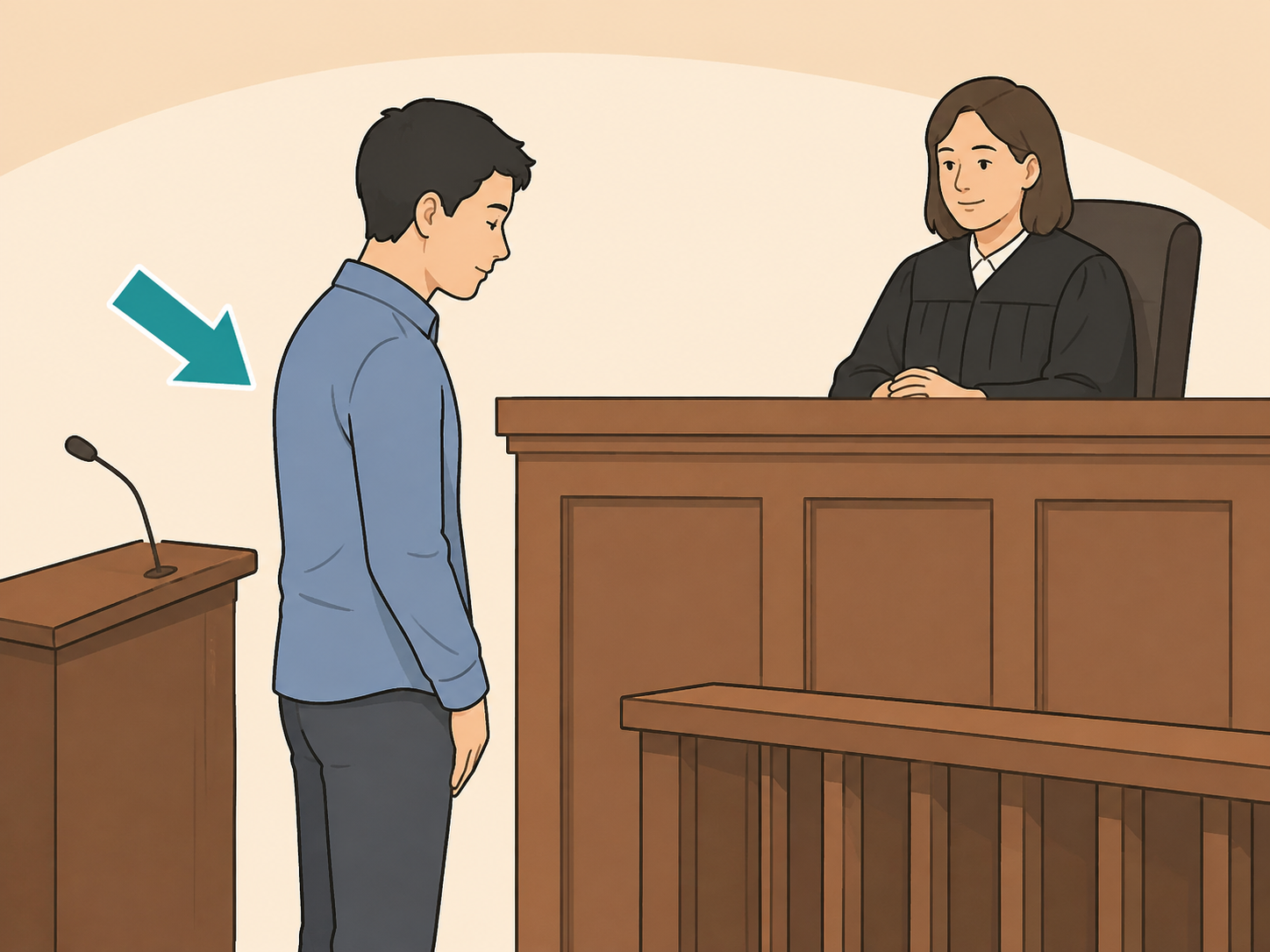 A person standing calmly and respectfully before a judge in a simple courtroom illustration.