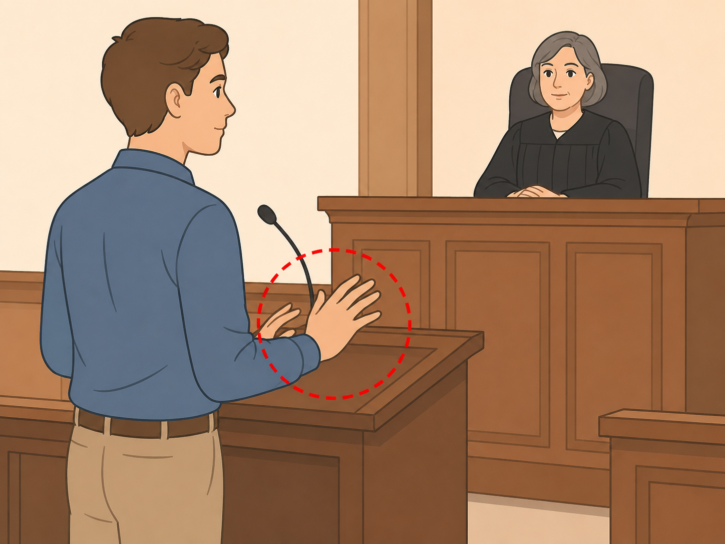 A person stopping disrespectful behavior in court and calming their posture.