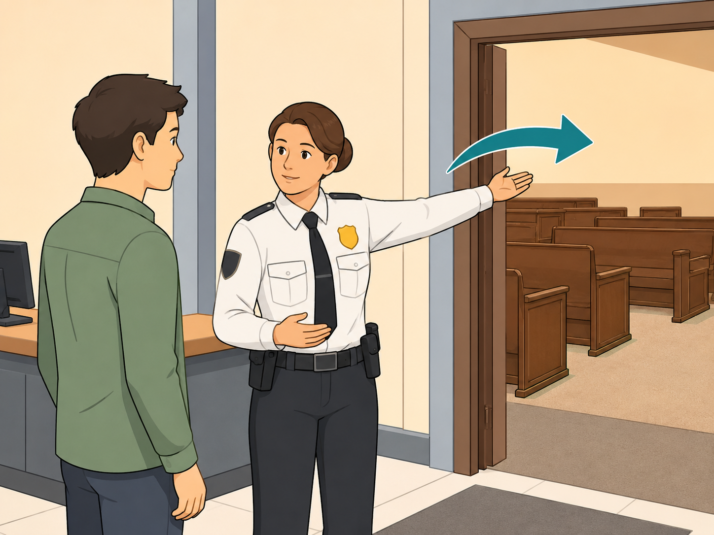 A person following instructions from court staff before entering a courtroom.