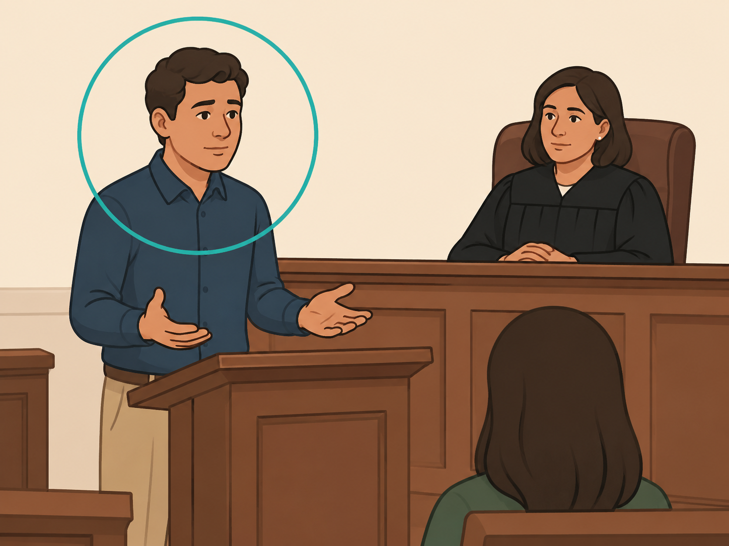 A person calmly apologizing to a judge from a courtroom lectern.