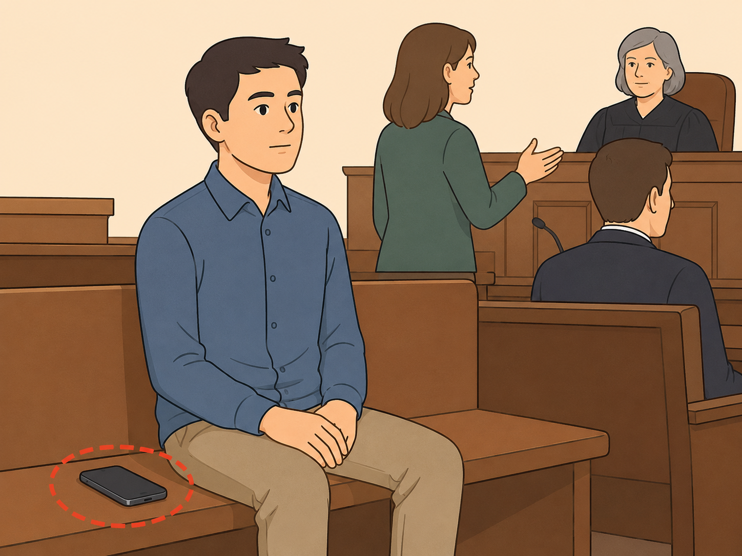 A person keeping quiet and not using a phone during court.